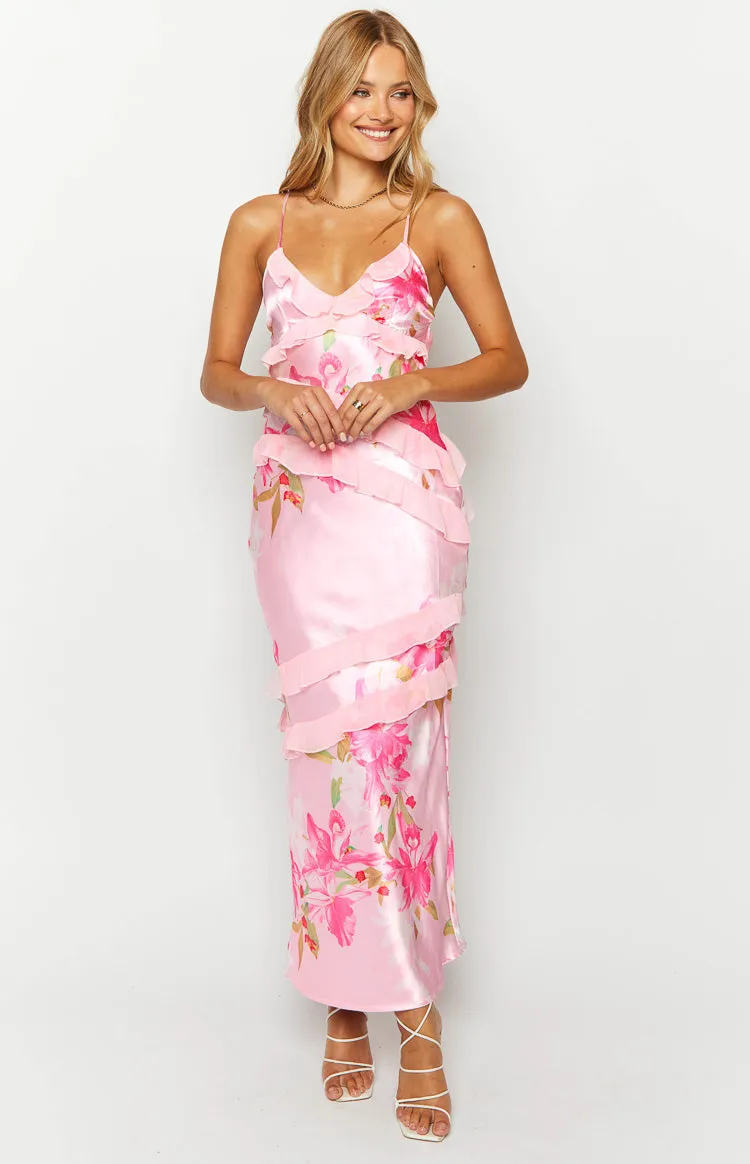 Inara Pink Floral Print Ruffle Maxi Dress