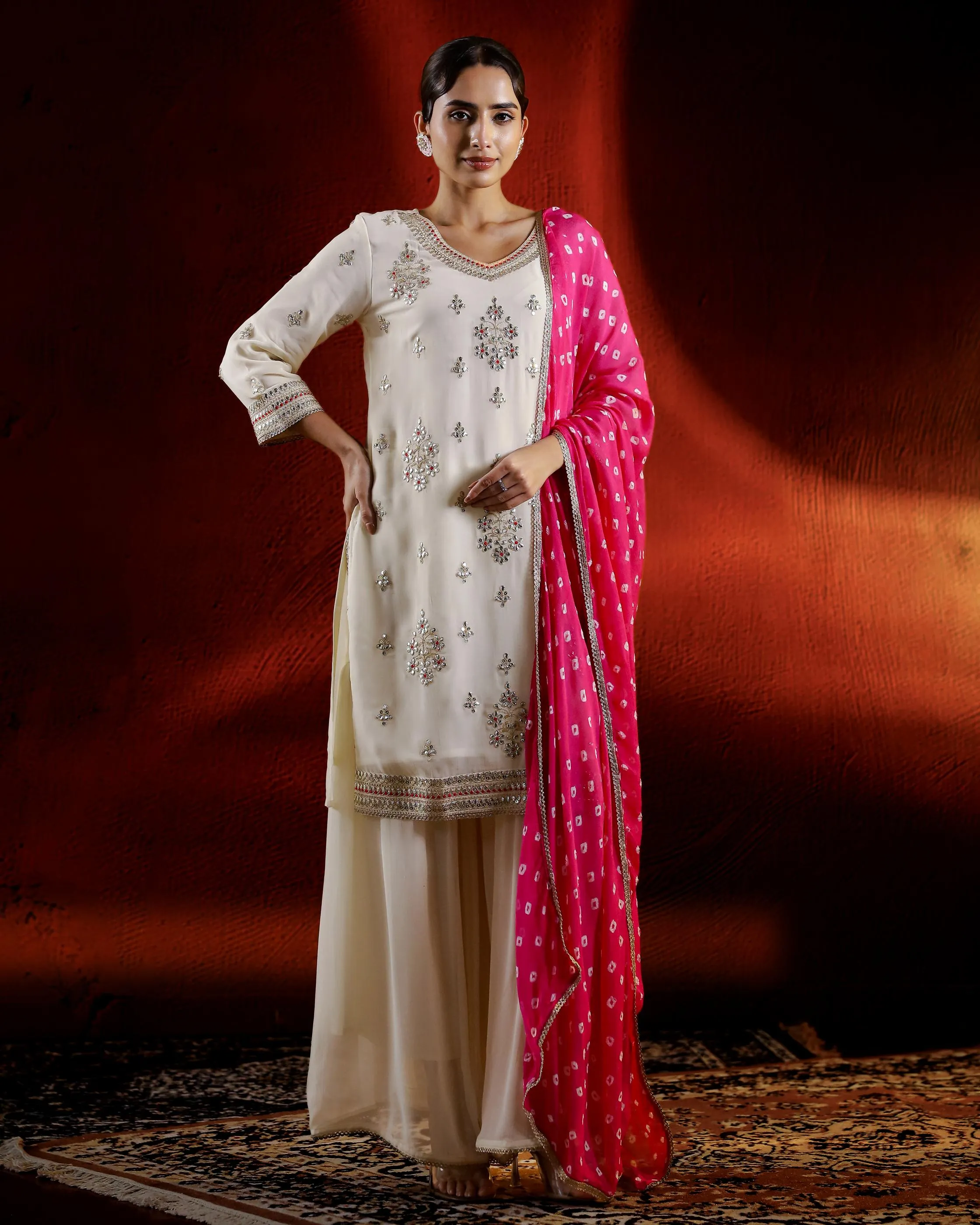 Ivory Embroidered Georgette Silk Palazzo Set