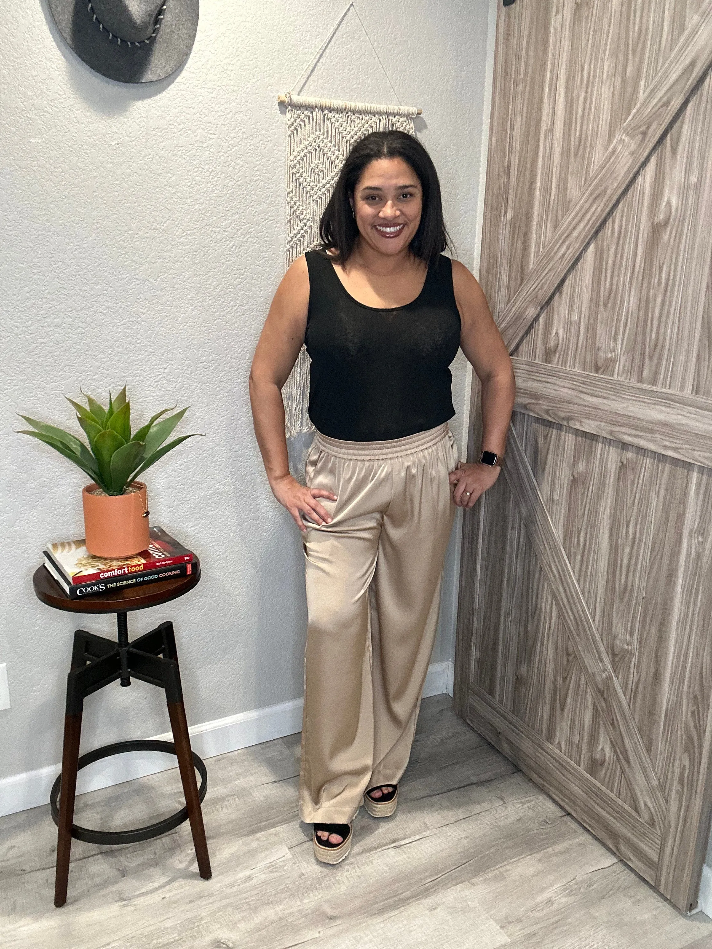 Metallic Taupe Satin Elastic Waist Wide Leg Pants