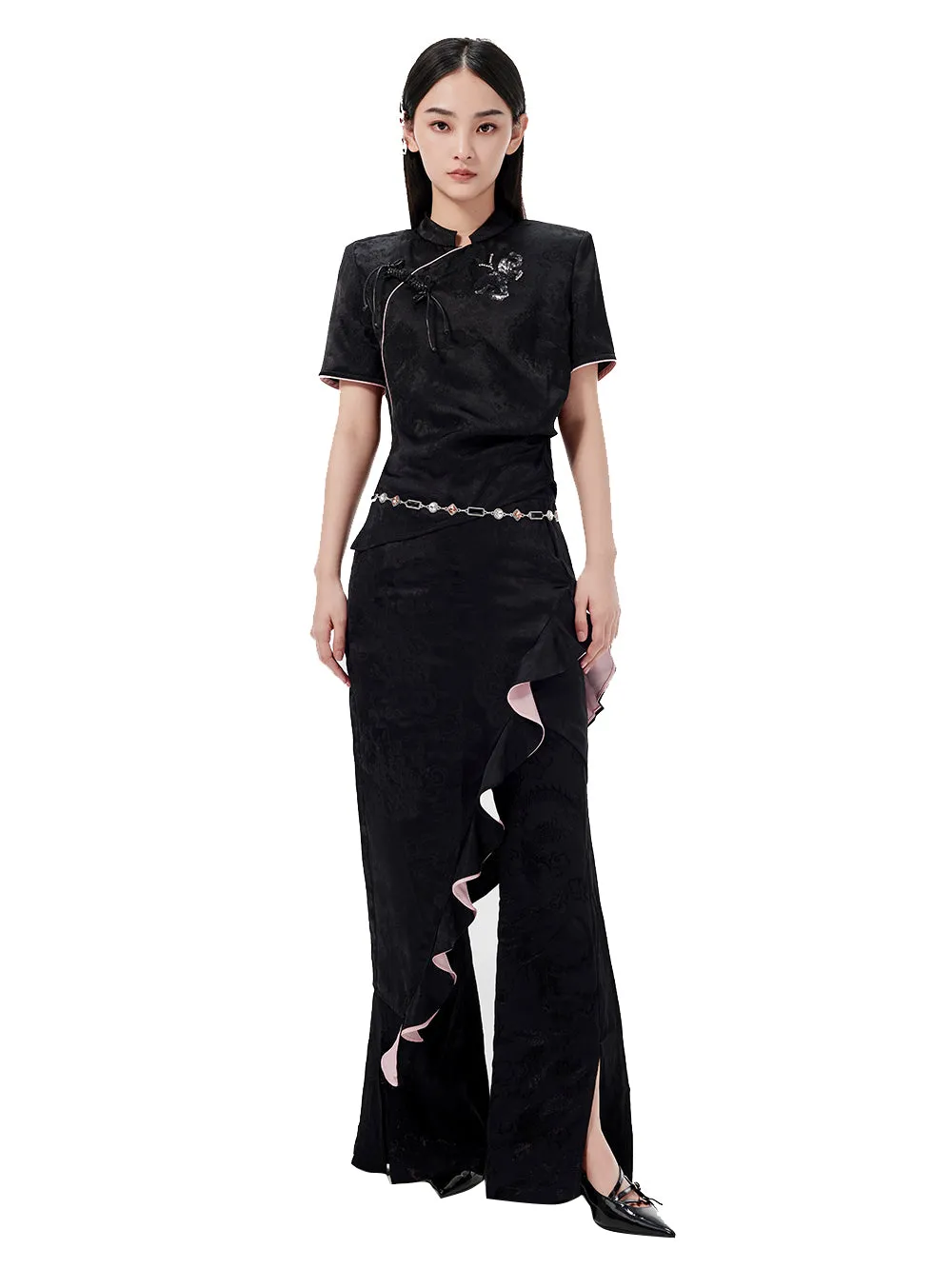 MUKZIN Black Jacquard Irregular Fungus Design Skirt