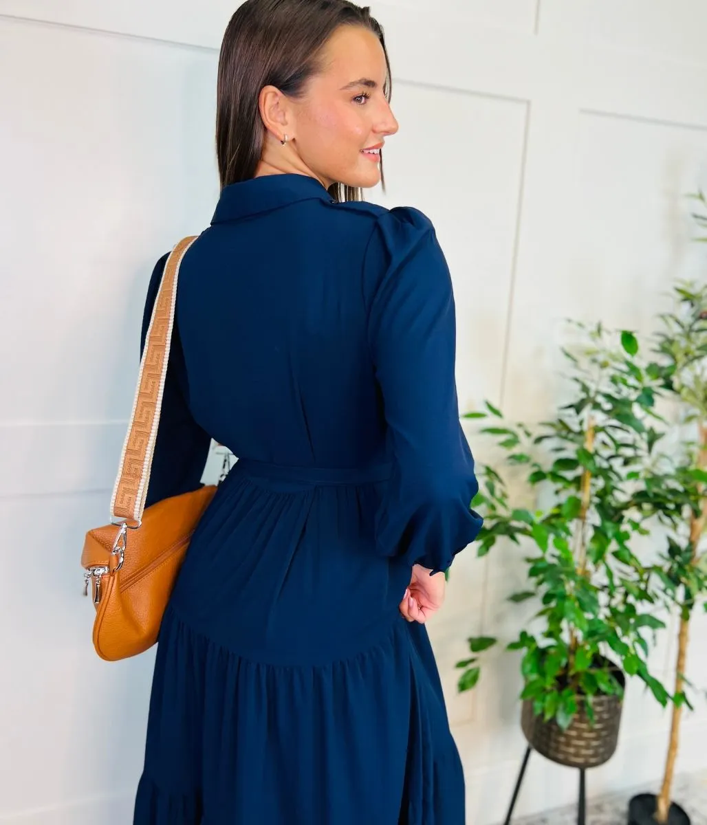 Navy Blue Tiered Belted Shirt Dress