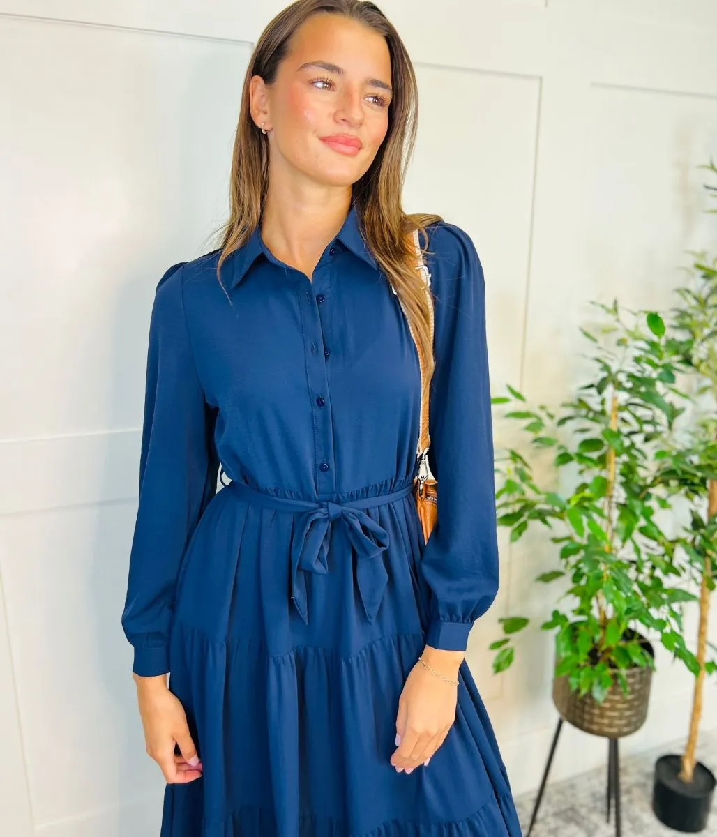 Navy Blue Tiered Belted Shirt Dress