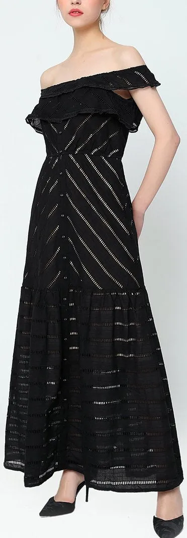 Off-the-Shoulder Paneled Black Maxi Dress