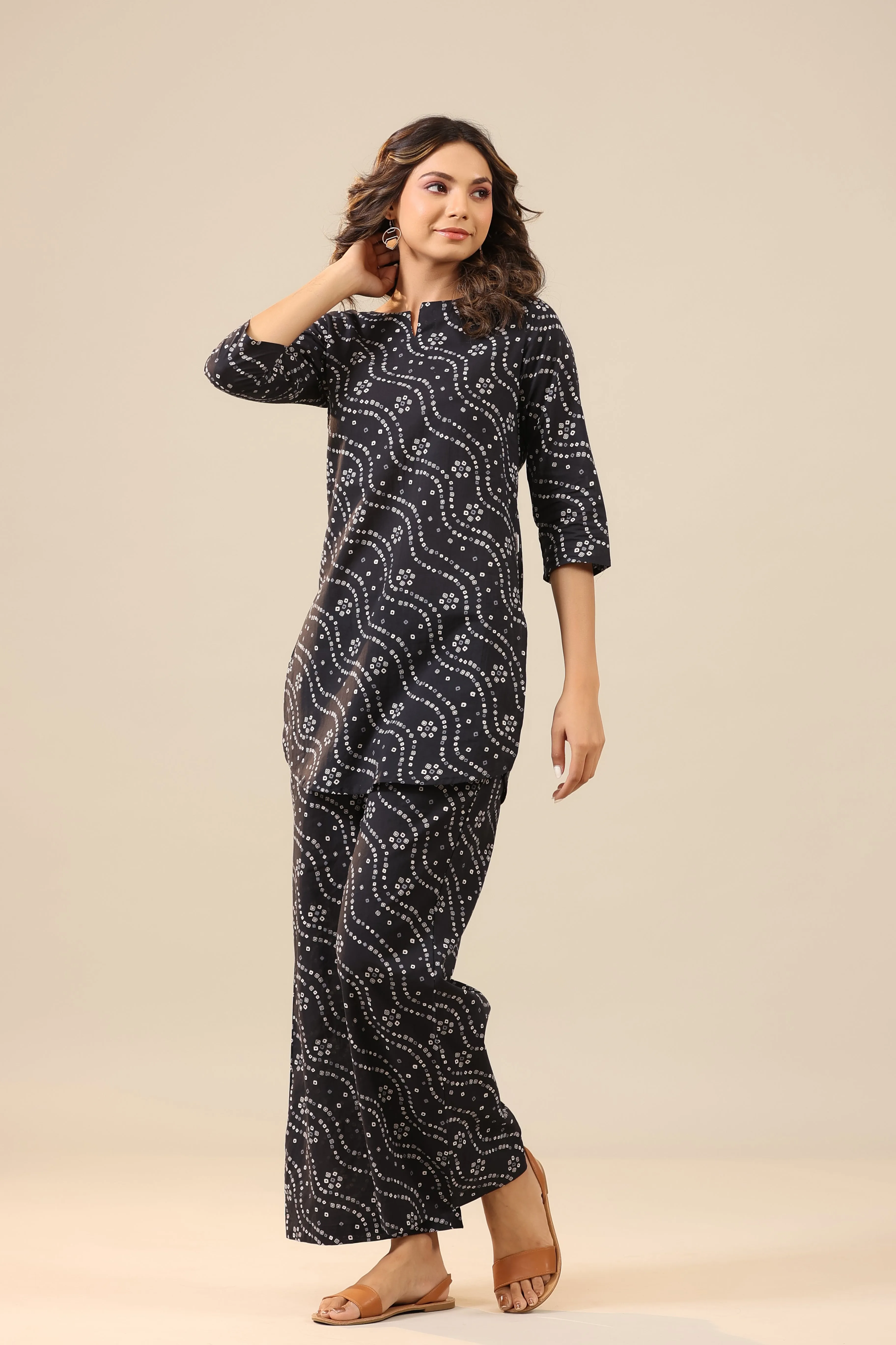 Patterned Bandhej on Black Cotton Palazzo Loungewear Set