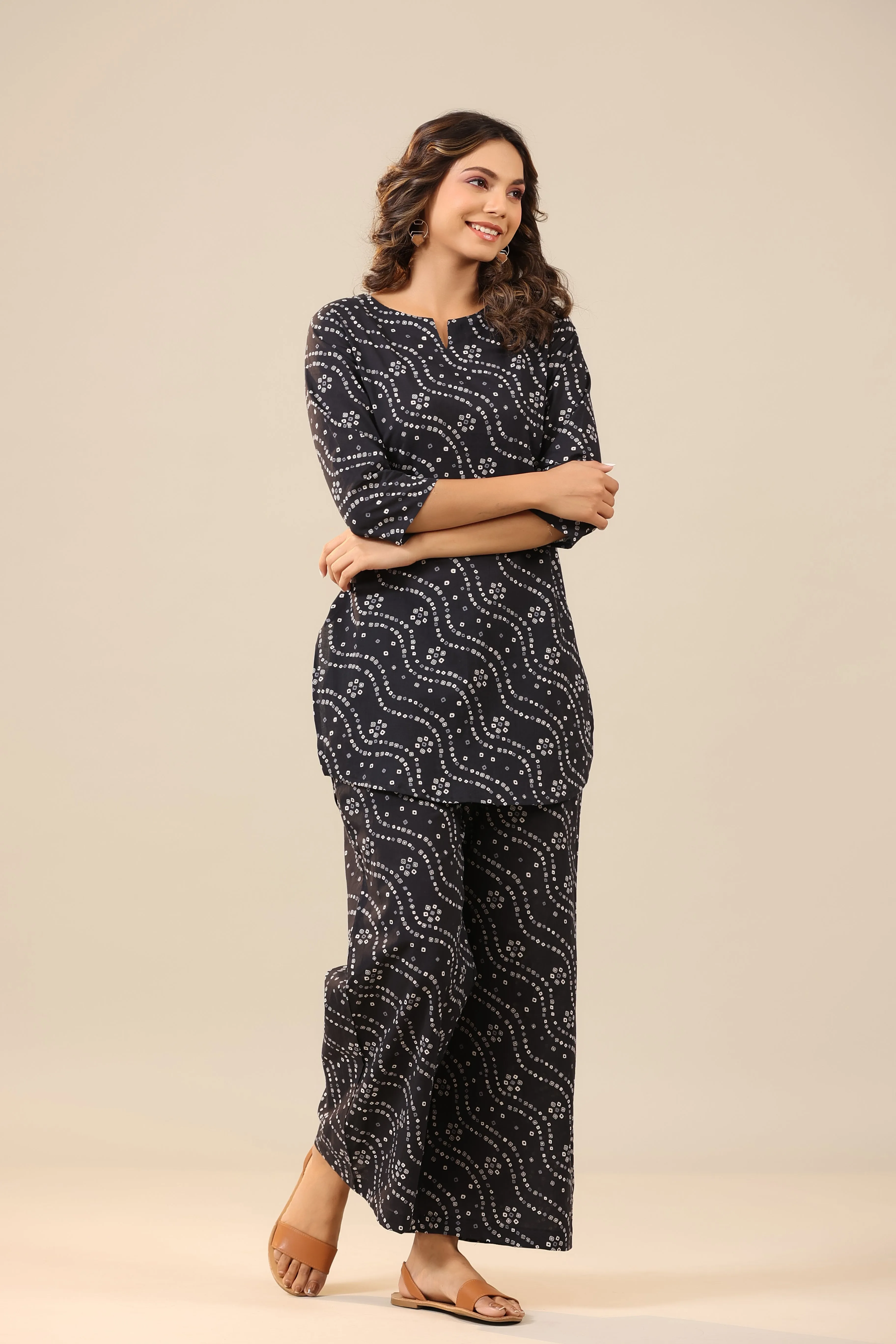 Patterned Bandhej on Black Cotton Palazzo Loungewear Set