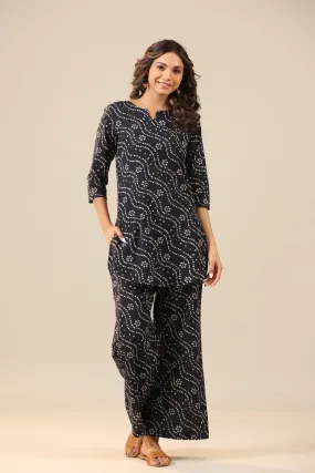 Patterned Bandhej on Black Cotton Palazzo Loungewear Set