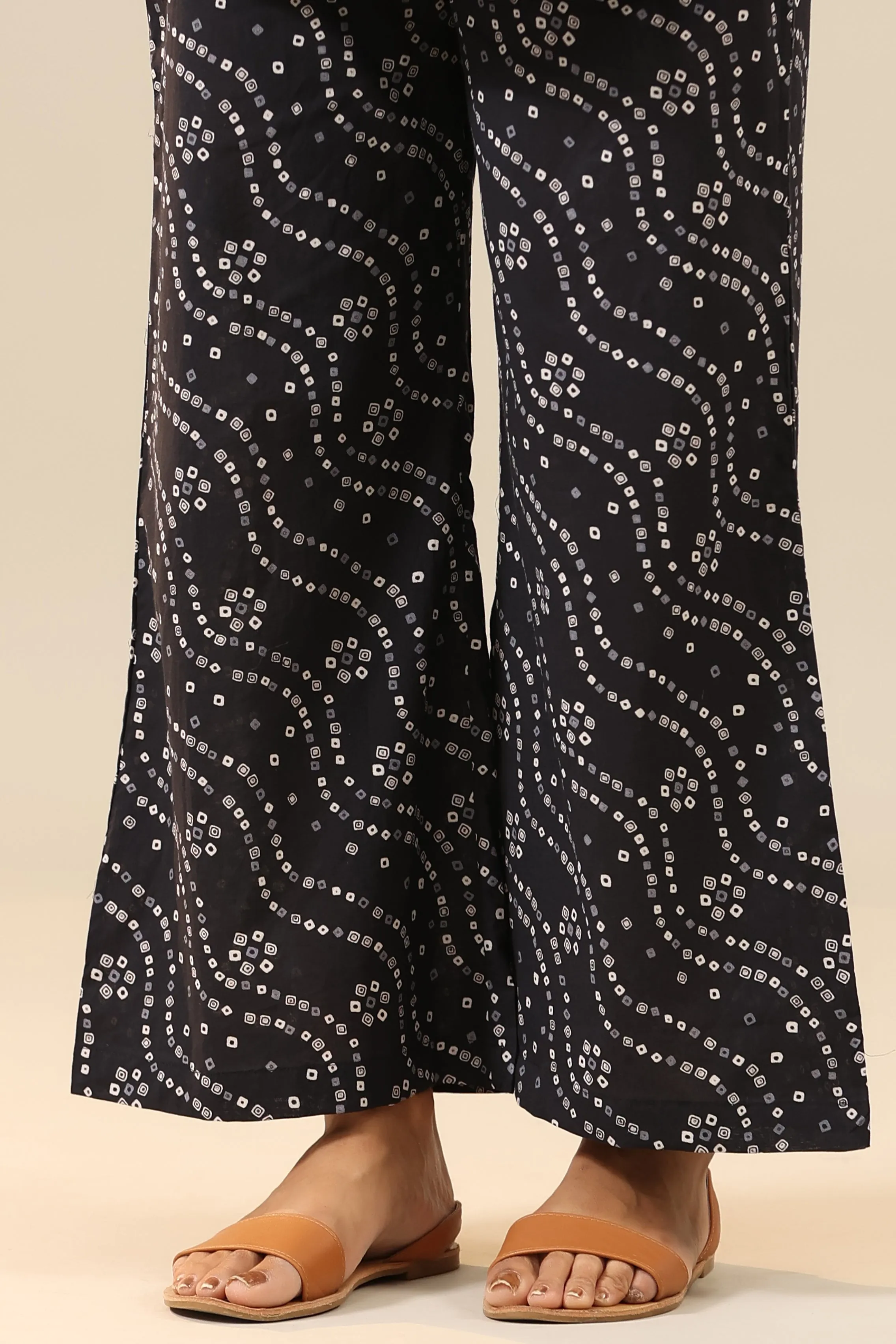 Patterned Bandhej on Black Cotton Palazzo Loungewear Set