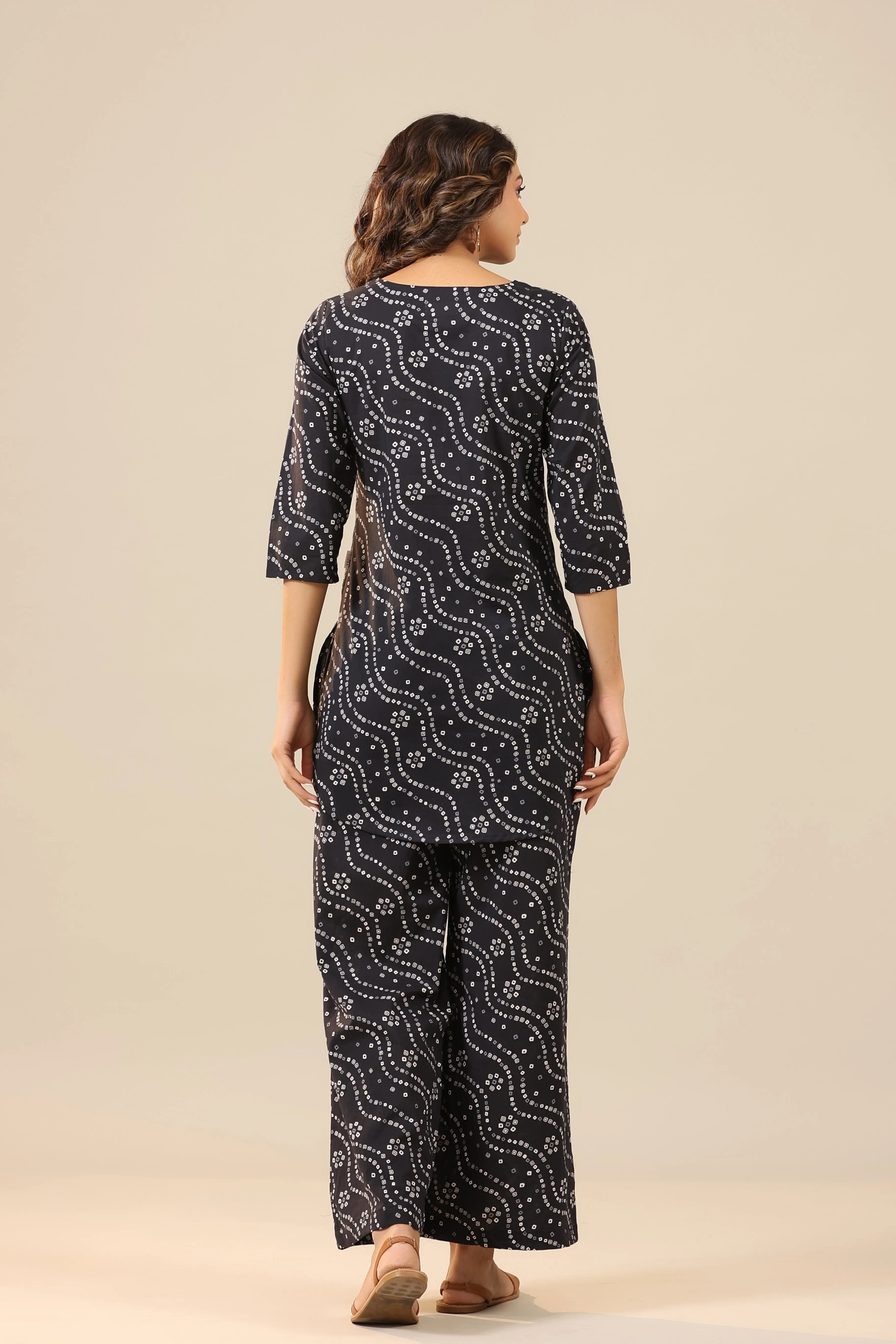 Patterned Bandhej on Black Cotton Palazzo Loungewear Set