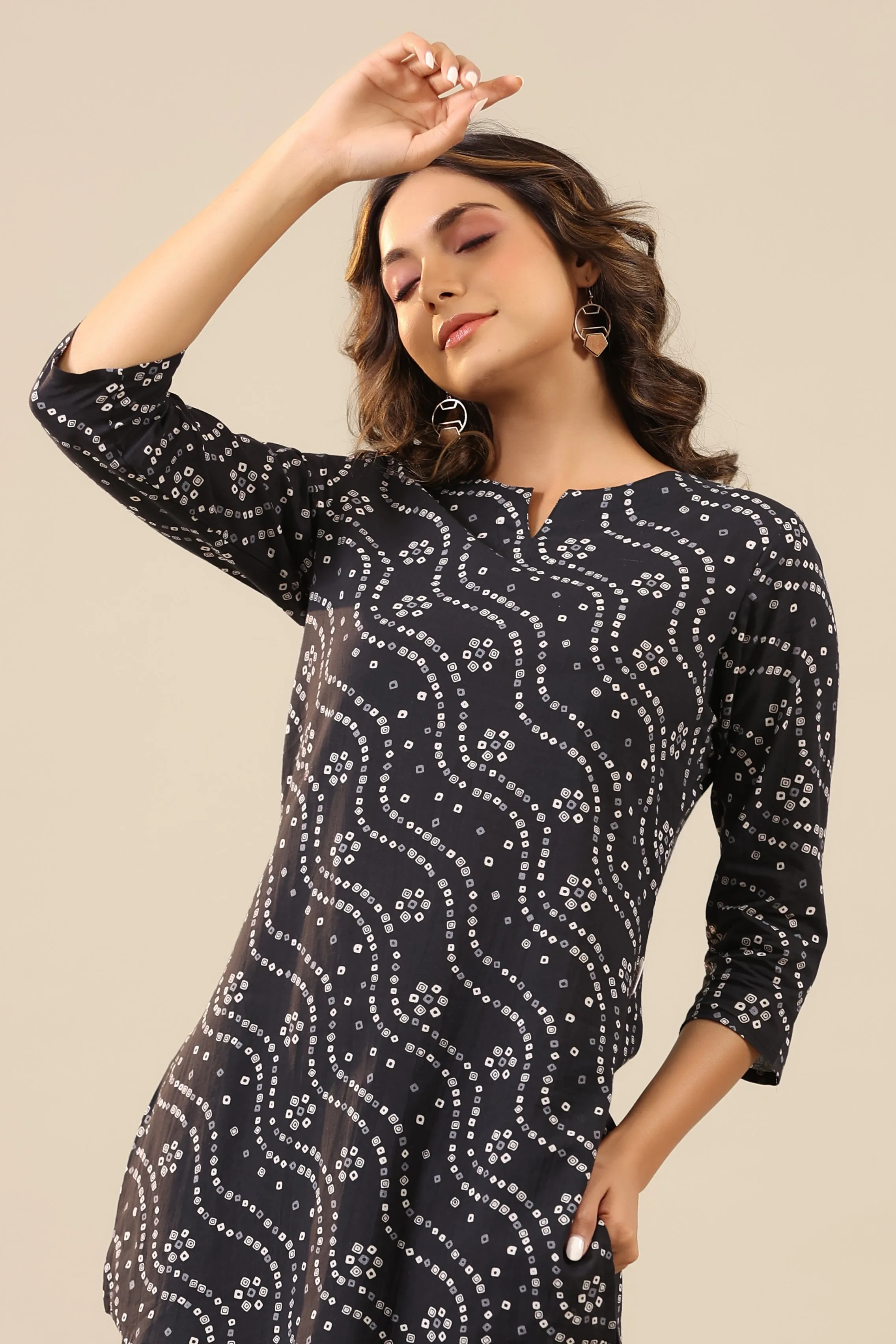 Patterned Bandhej on Black Cotton Palazzo Loungewear Set