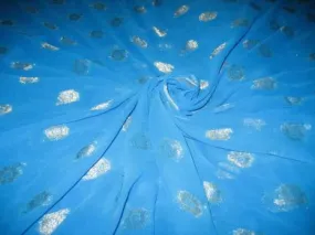 Polyester georgette Aqua Blue color fabric with metallic silver & gold jacquard ~ 44 inches wide