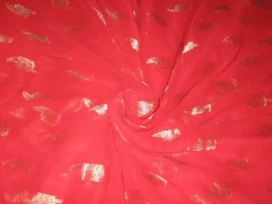 Polyester georgette fabric with metalic silver & gold jacquard~Bright Red colour