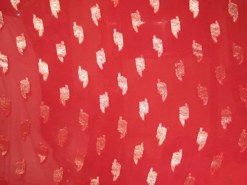 Polyester georgette fabric with metalic silver & gold jacquard~Bright Red colour