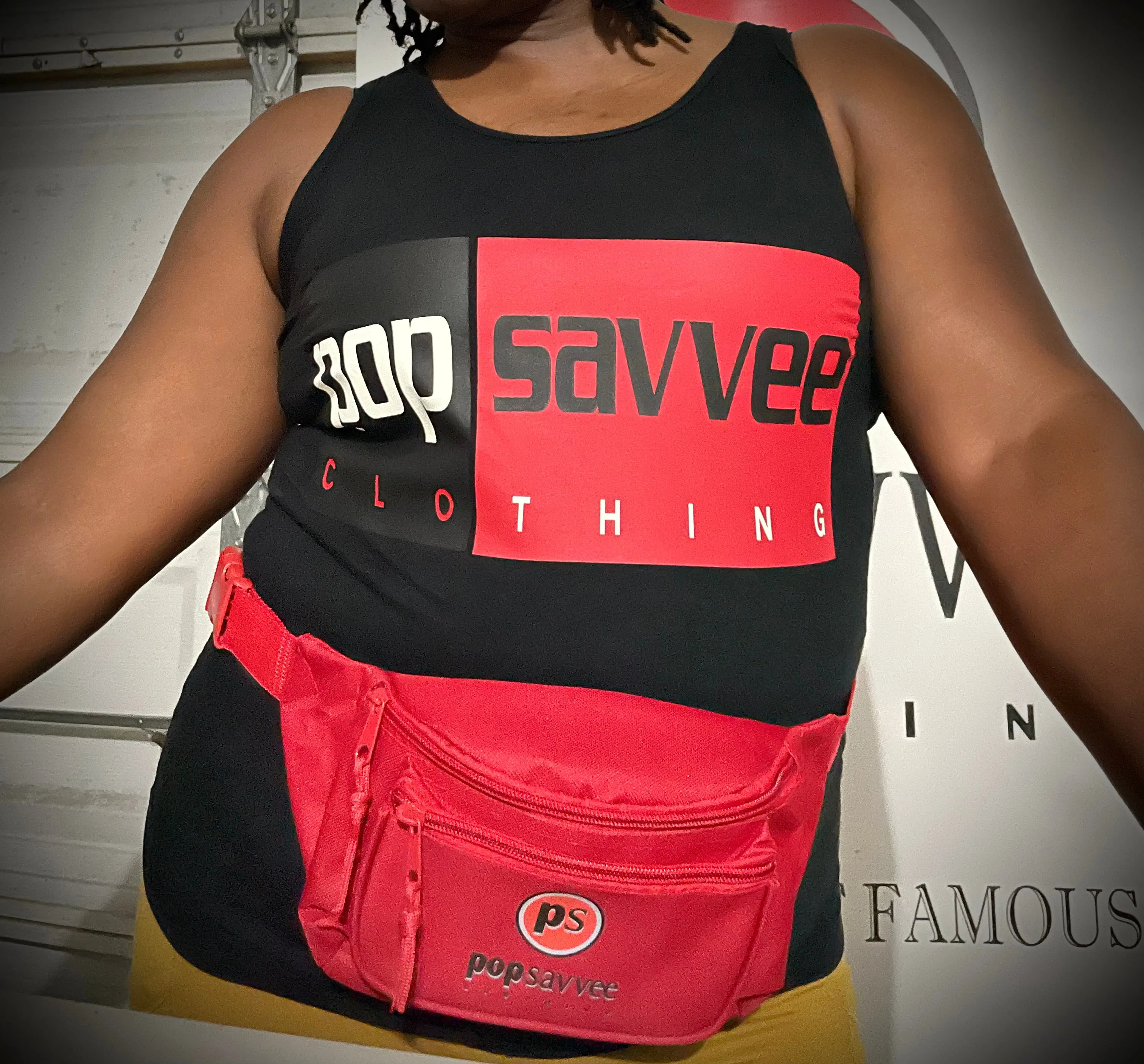 Red 3-Pocket Fanny Pack w/ Adjustable Plastic Snap Buckle & “Pop Savvee Clothing” Logo