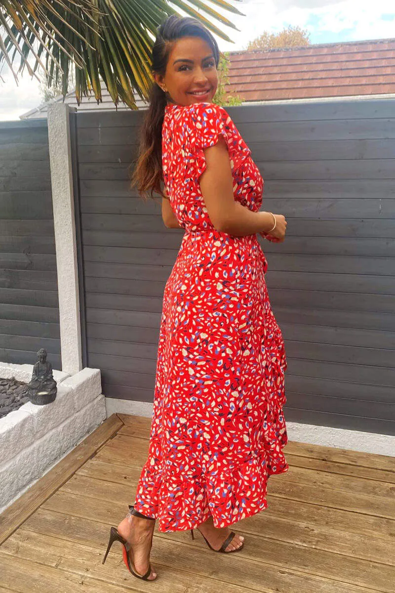 Red Abstract Print Wrap Midi Dress