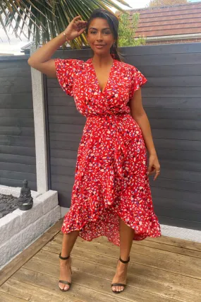 Red Abstract Print Wrap Midi Dress