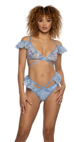 Sequin Lace Ruffle Wrap Bottoms - Blue JR129