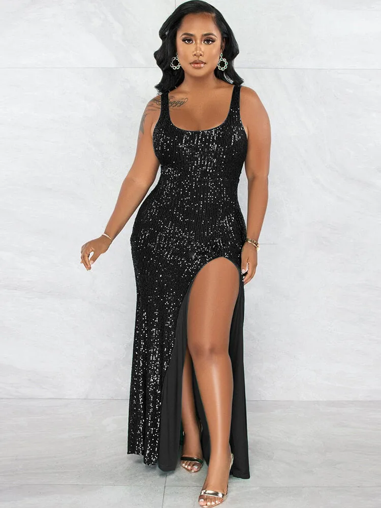 Sequin Sleevelesss Split Bodycon Maxi Dresses