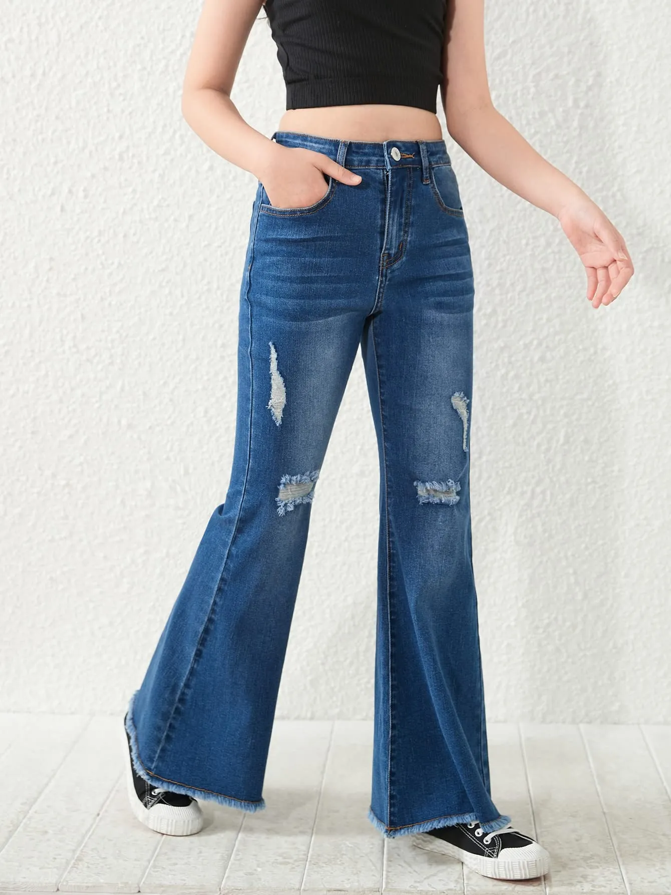 SHENHE Girl's High Waisted Flare Leg Jeans Split Raw Hem Denim Pants with Pockets Dark Wash 11-12Y