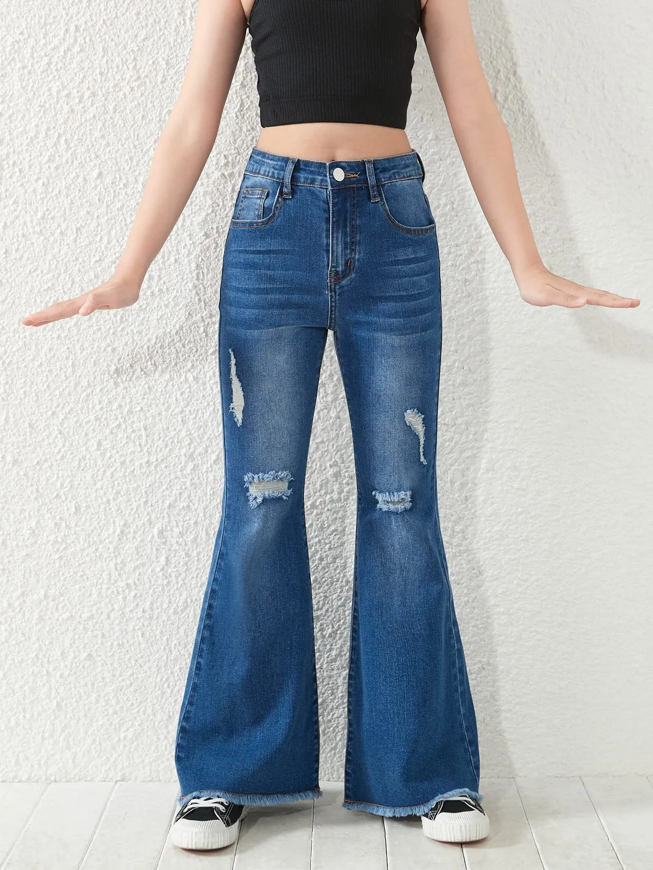 SHENHE Girl's High Waisted Flare Leg Jeans Split Raw Hem Denim Pants with Pockets Dark Wash 11-12Y