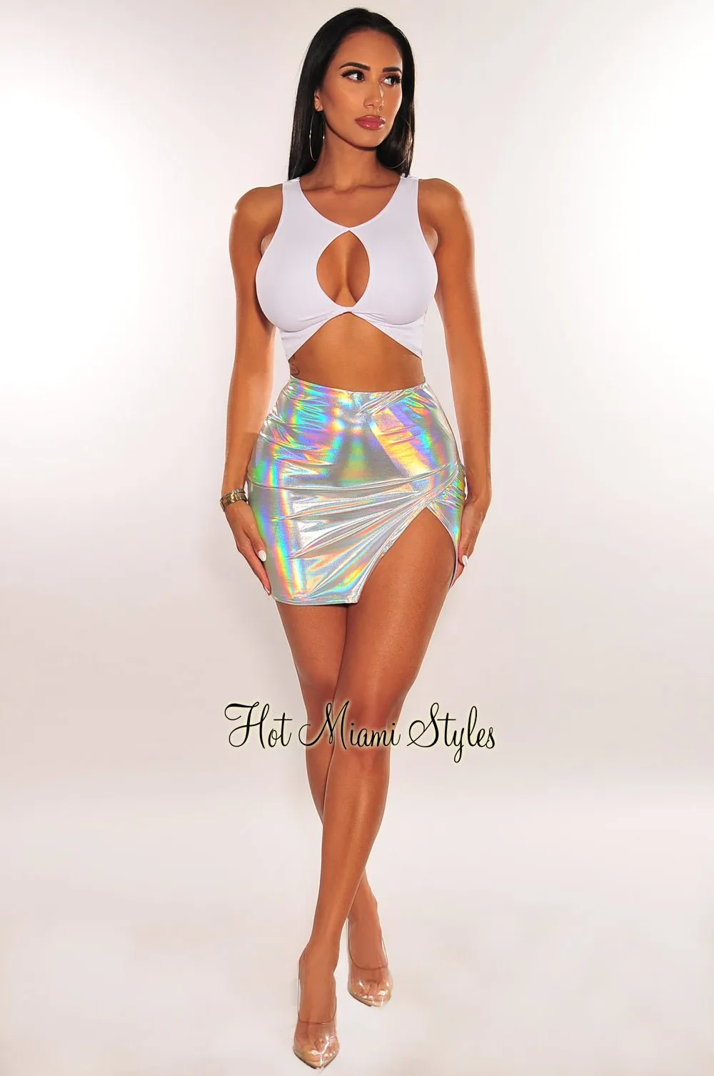 Silver Chrome Holographic Slit Mini Skirt