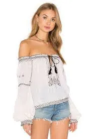 White Boho Peasant Top "Folklore" Black Embroidery Tassel Ties Bohemian Blouse Sizes Small Medium Or Large