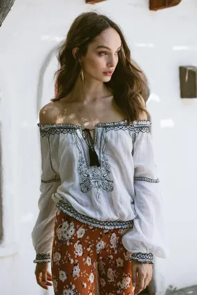 White Boho Peasant Top "Folklore" Black Embroidery Tassel Ties Bohemian Blouse Sizes Small Medium Or Large