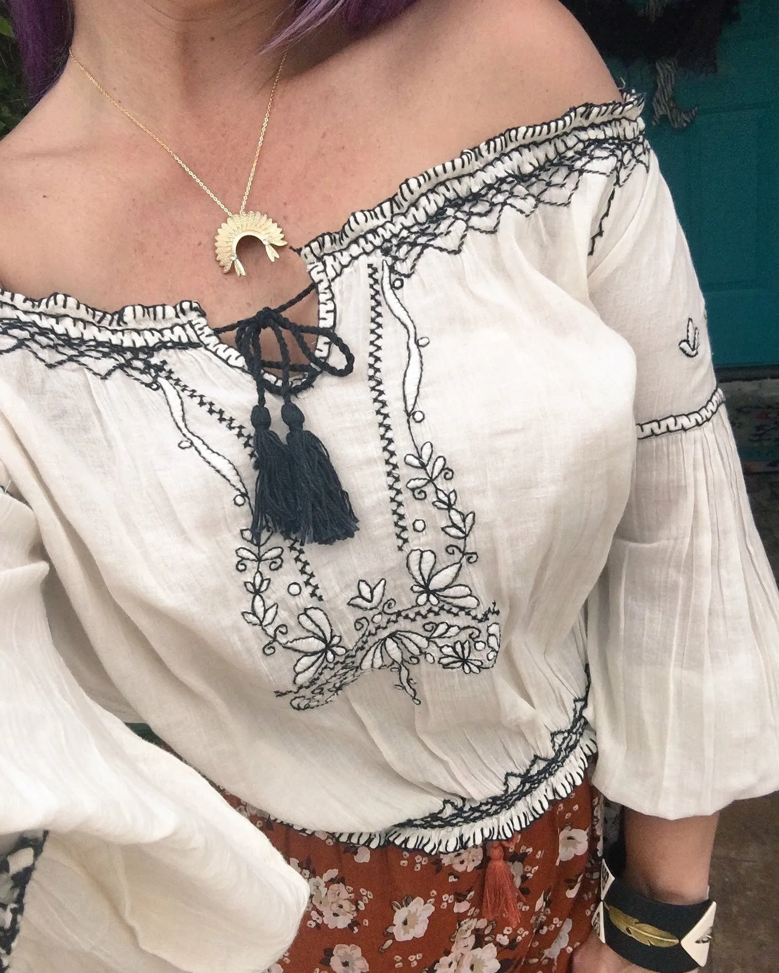 White Boho Peasant Top "Folklore" Black Embroidery Tassel Ties Bohemian Blouse Sizes Small Medium Or Large