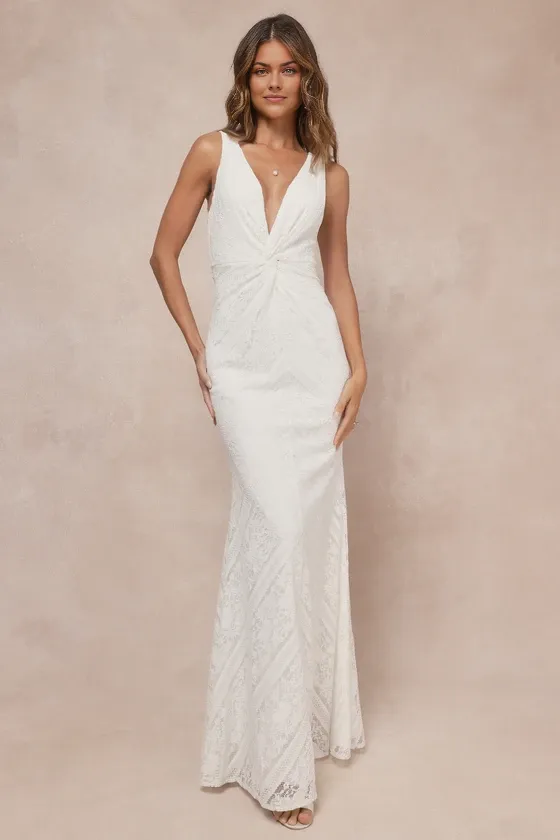 White Lace Twist-Front Sleeveless Maxi Dress Floor-length Wedding Dresses