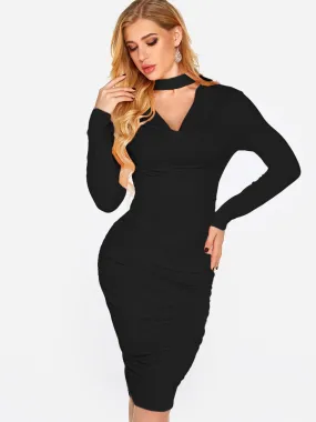 Wholesale Black Scoop Neck Long Sleeve Plain Pleated Midi Dress