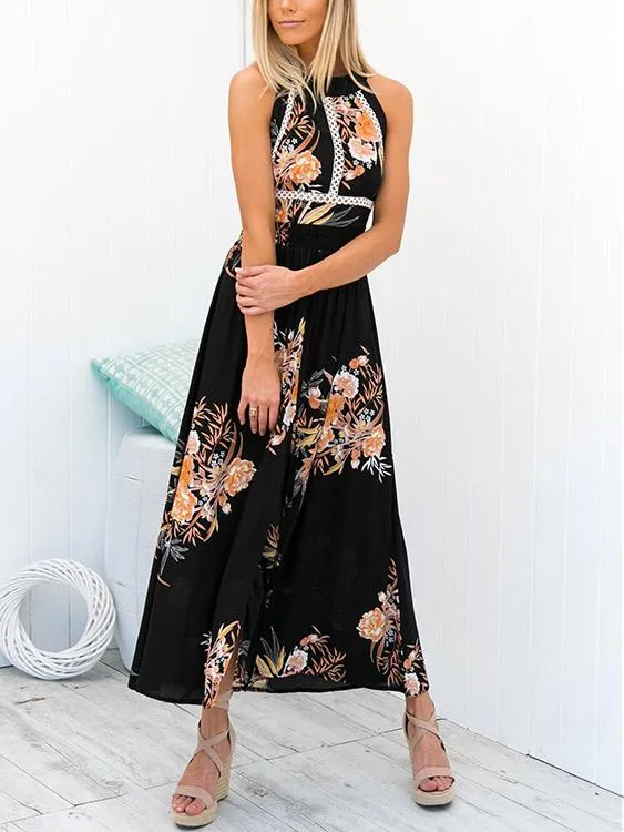 Wholesale Black Sleeveless Floral Print Backless Slit Hem Maxi Dresses