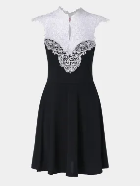 Wholesale Black V-Neck Sleeveless Plain Lace Zip Back Hollow Midi Dress