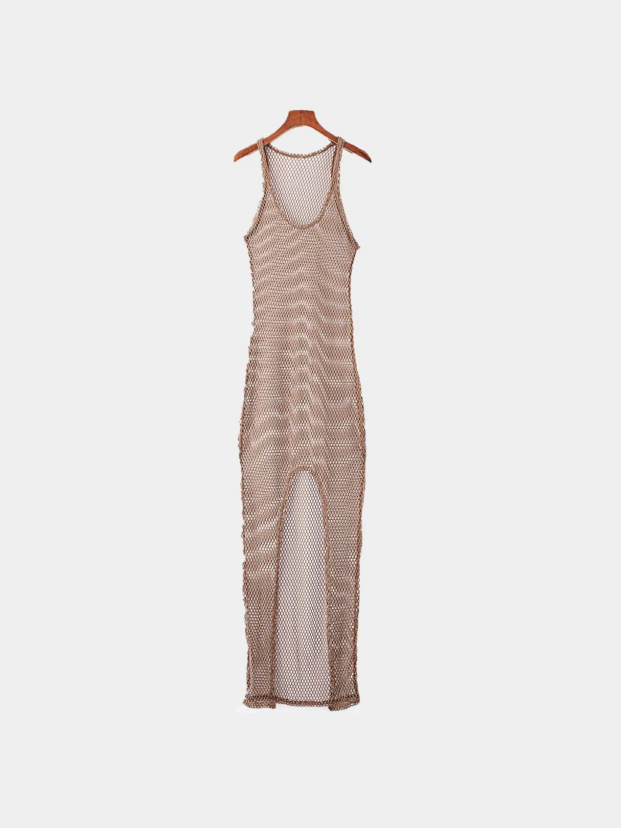 Wholesale Brown Round Neck Sleeveless Grid Slit Hem Maxi Dress