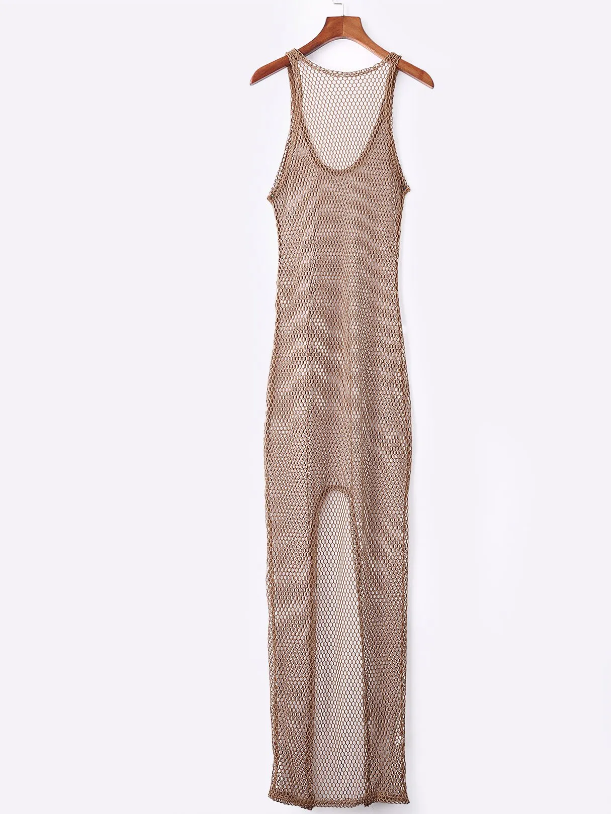 Wholesale Brown Round Neck Sleeveless Grid Slit Hem Maxi Dress