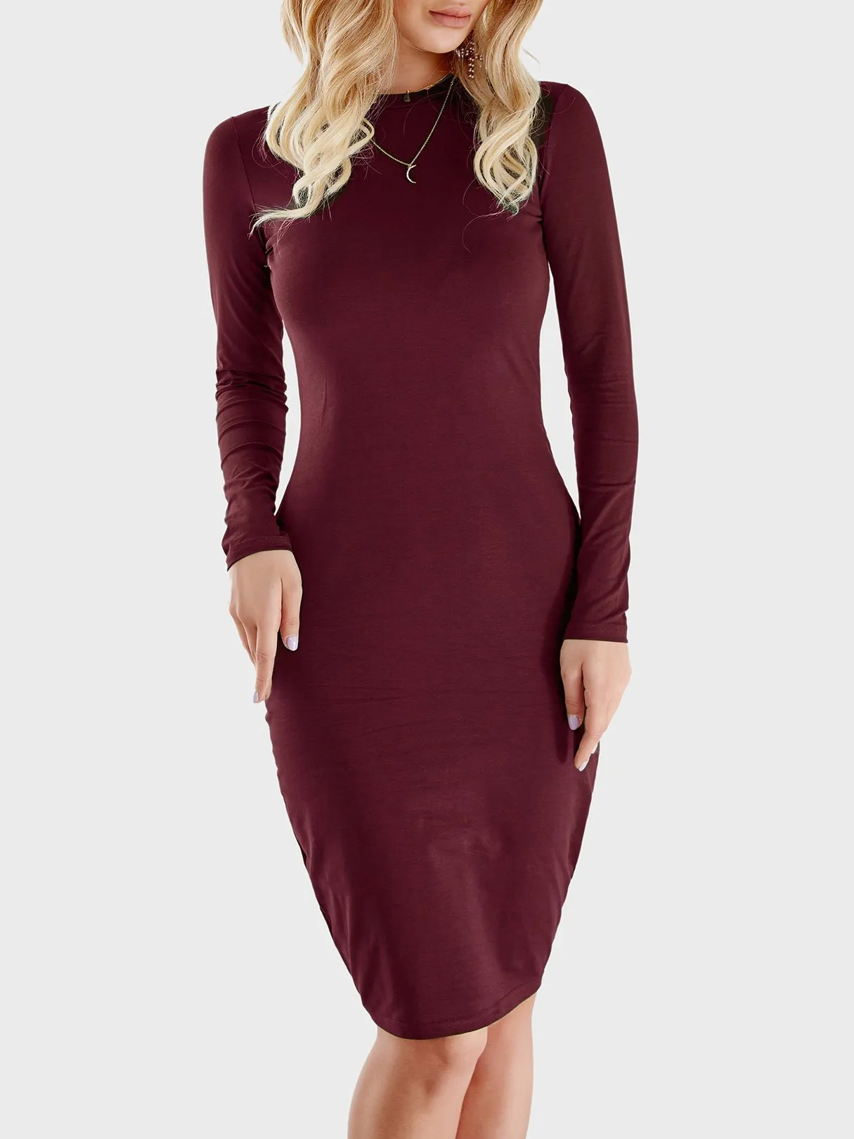 Wholesale Crew Neck Long Sleeve Plain Bodycon Midi Dresses