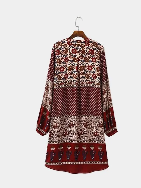 Wholesale Crew Neck Long Sleeve Tribal Print Irregular Hem Midi Dress