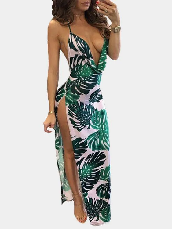 Wholesale Deep V Neck Floral Print Backless Slit Hem Maxi Dress