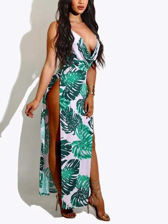 Wholesale Deep V Neck Floral Print Backless Slit Hem Maxi Dress