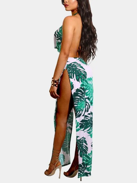 Wholesale Deep V Neck Floral Print Backless Slit Hem Maxi Dress