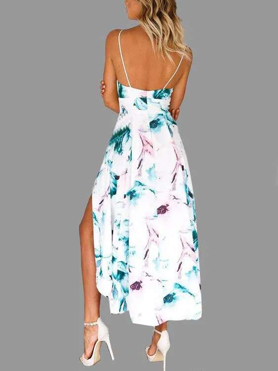 Wholesale Deep V-Neck Sleeveless Floral Print Zip Back Backless Slit Hem Maxi Dress