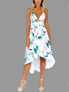 Wholesale Deep V-Neck Sleeveless Floral Print Zip Back Backless Slit Hem Maxi Dress