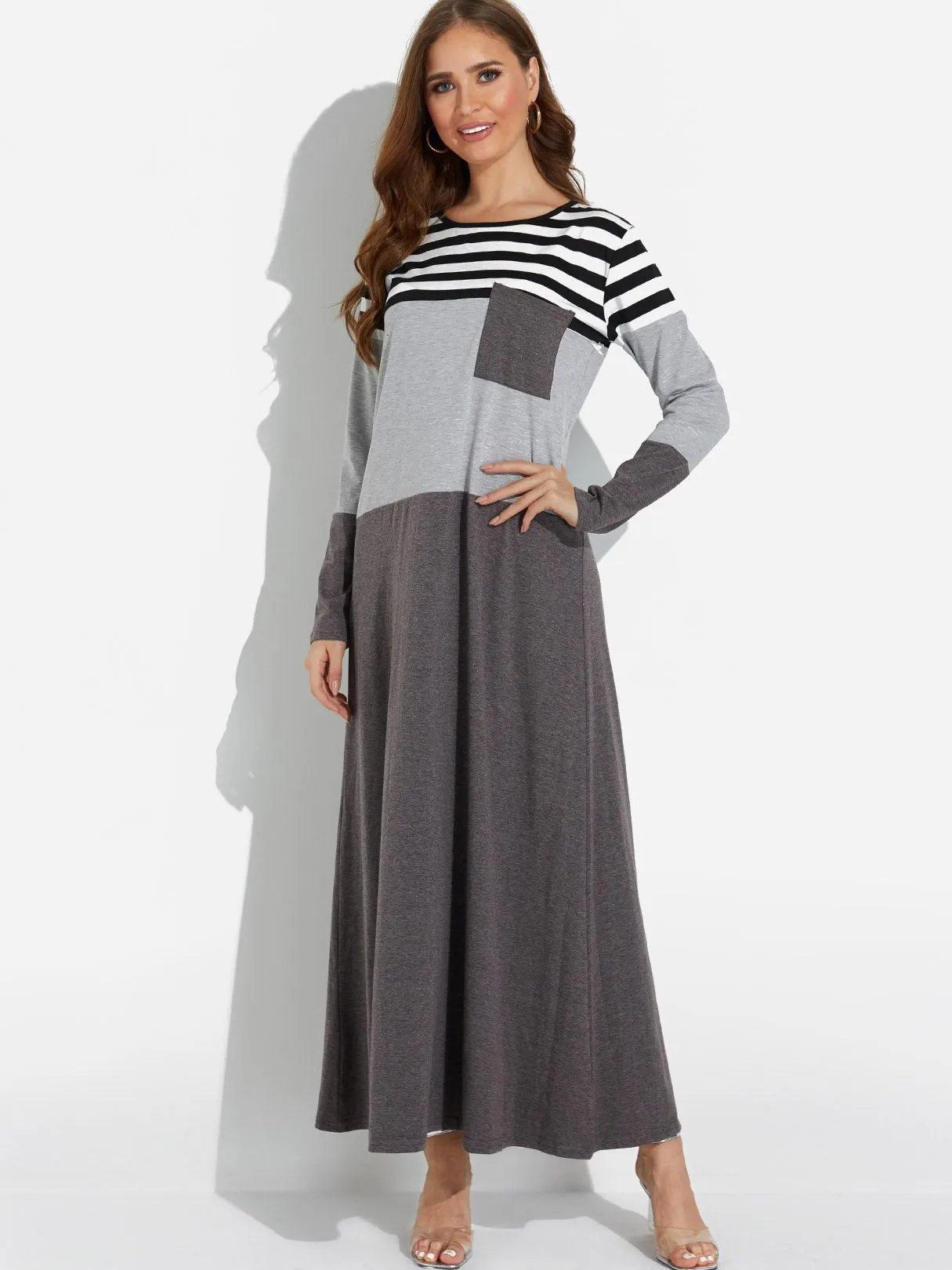 Wholesale Grey Round Neck Long Sleeve Stripe Maxi Dress