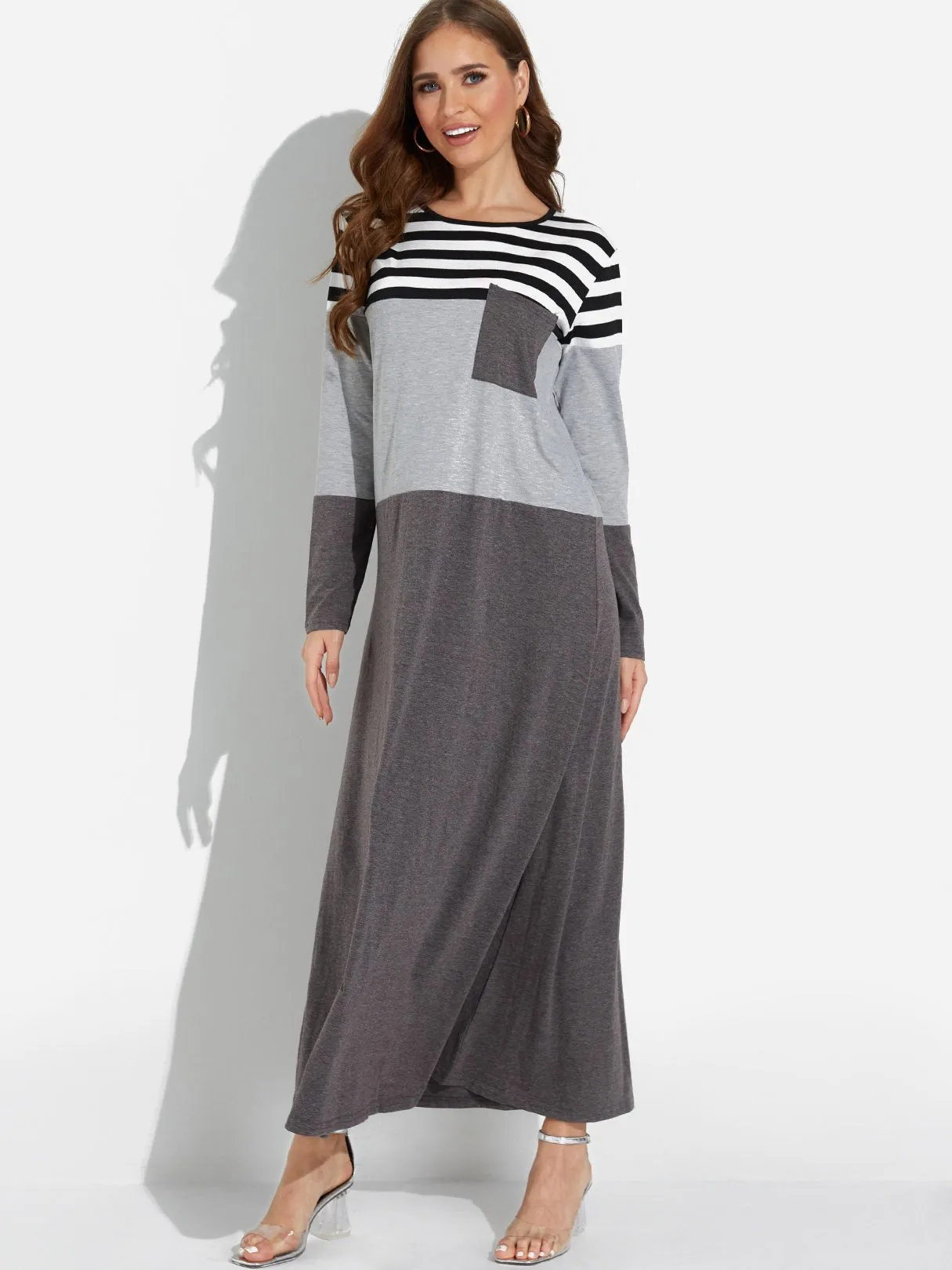 Wholesale Grey Round Neck Long Sleeve Stripe Maxi Dress