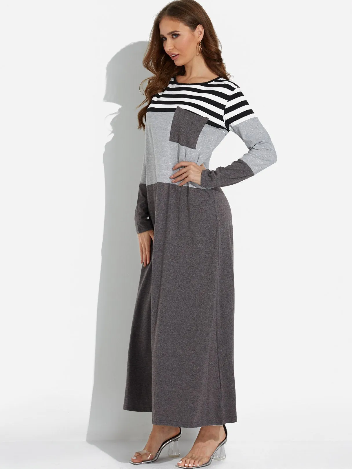 Wholesale Grey Round Neck Long Sleeve Stripe Maxi Dress