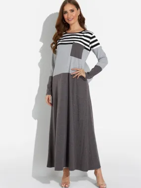 Wholesale Grey Round Neck Long Sleeve Stripe Maxi Dress