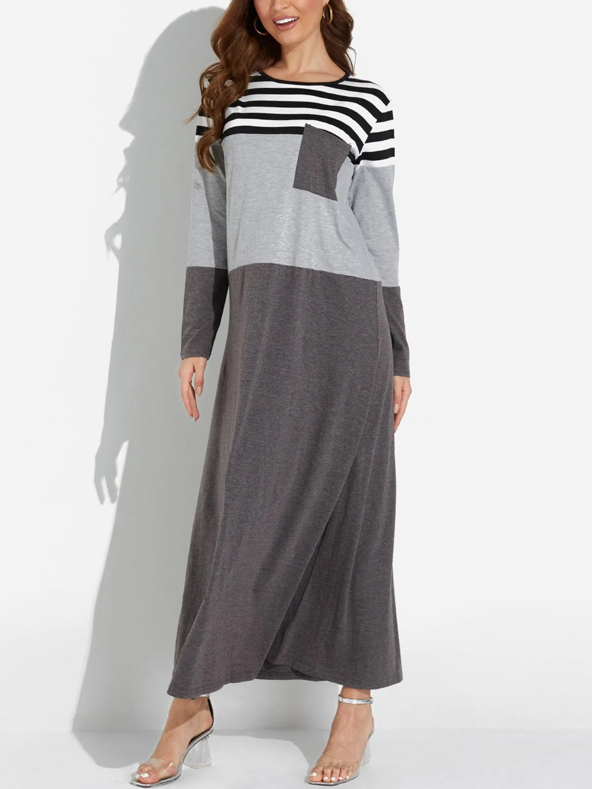 Wholesale Grey Round Neck Long Sleeve Stripe Maxi Dress