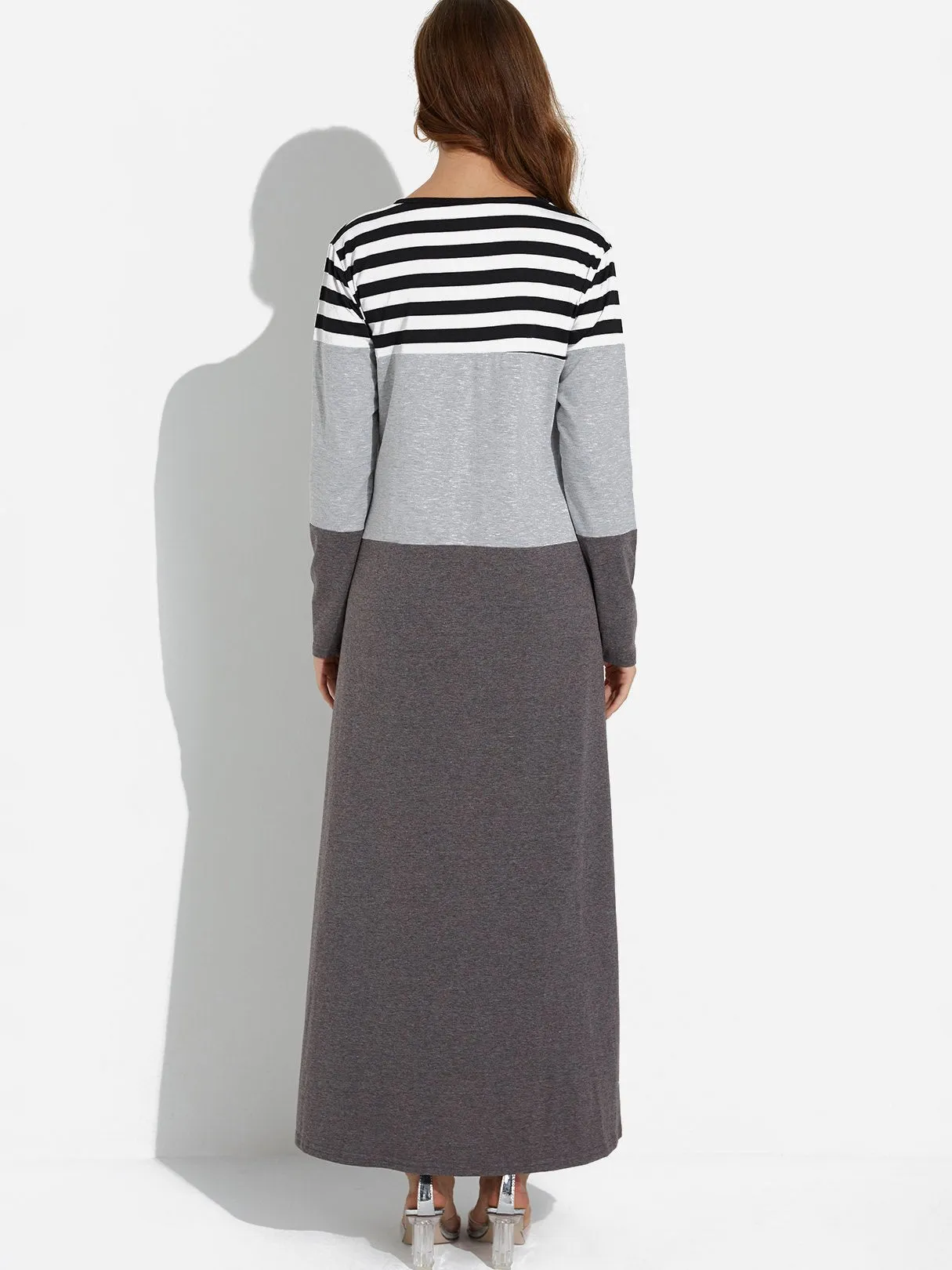 Wholesale Grey Round Neck Long Sleeve Stripe Maxi Dress