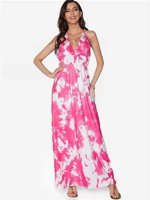 Wholesale Halter Deep V Neck Sleeveless Floral Print Backless Lace-Up Maxi Dresses