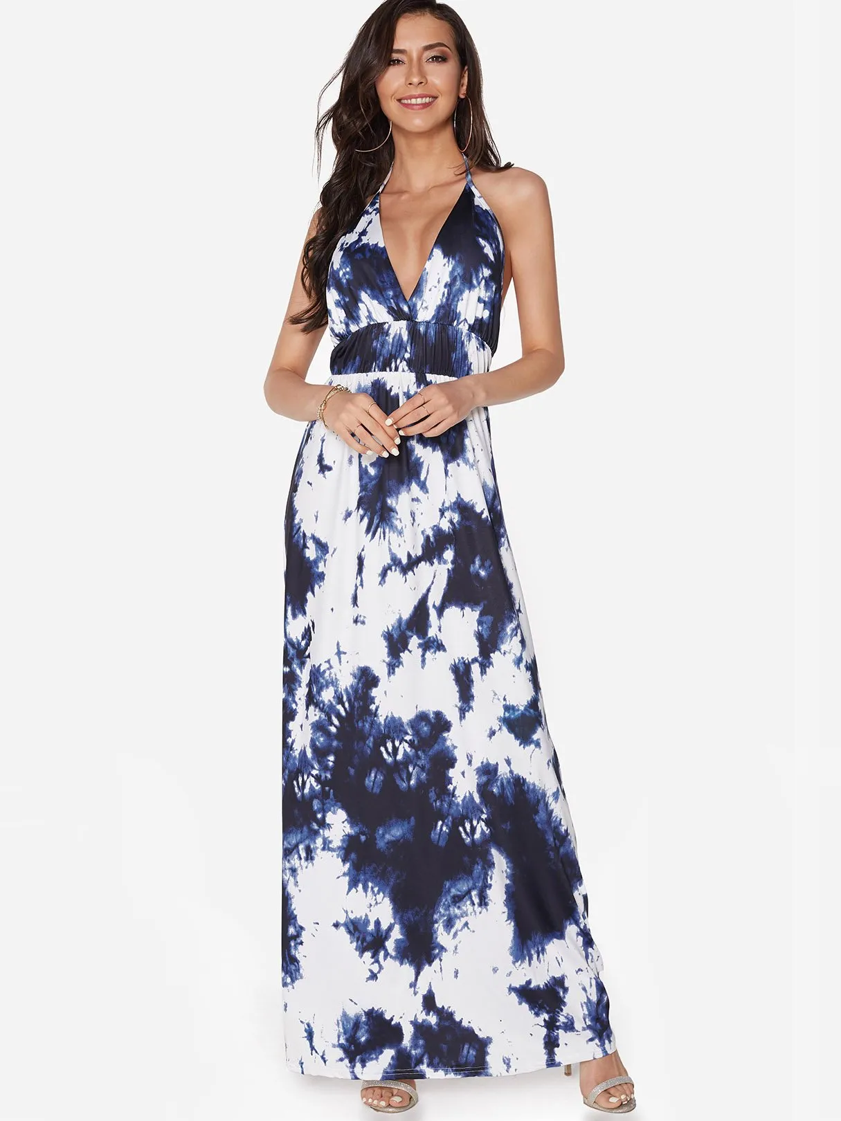 Wholesale Halter Deep V Neck Sleeveless Floral Print Backless Lace-Up Maxi Dresses