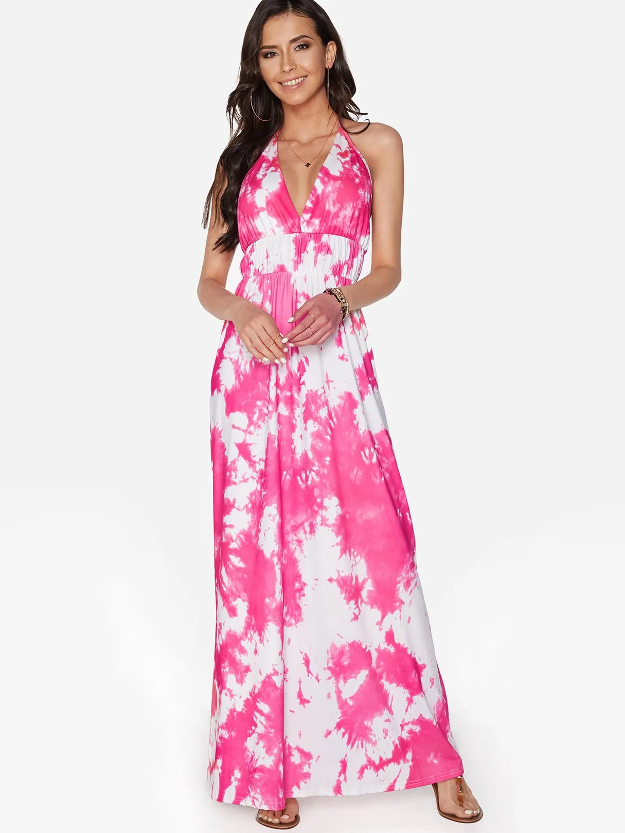 Wholesale Halter Deep V Neck Sleeveless Floral Print Backless Lace-Up Maxi Dresses