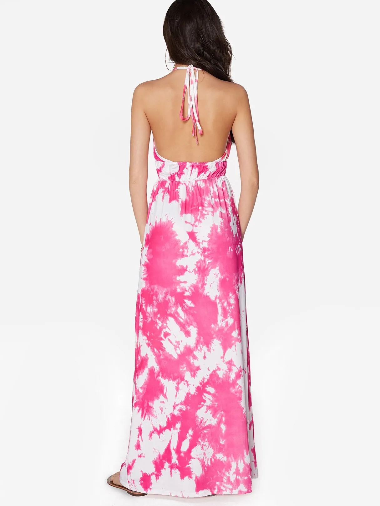 Wholesale Halter Deep V Neck Sleeveless Floral Print Backless Lace-Up Maxi Dresses